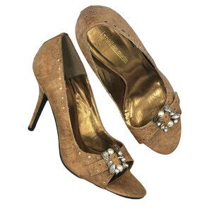 Jonathan Martin Tan Vegan Leather Buckle Embellished Open Toe Heels